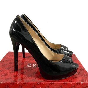 guess | black patent leather open peep toe platform high heel stiletto pumps